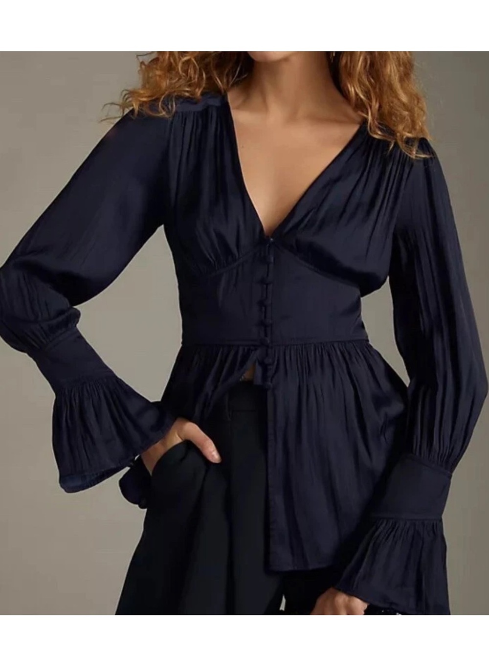 Anthropologie Navy V-Neck Button-Front Peplum Blouse